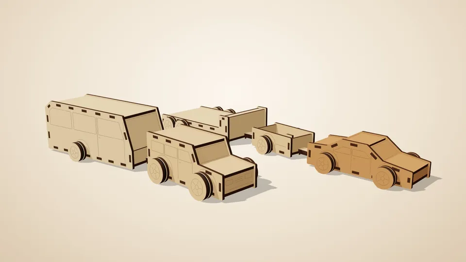 Laser-cut toy van, jeep and sedan towing trailers