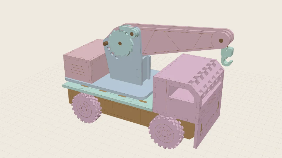 A laser-cut truck crane with its boom, winch drum and hook