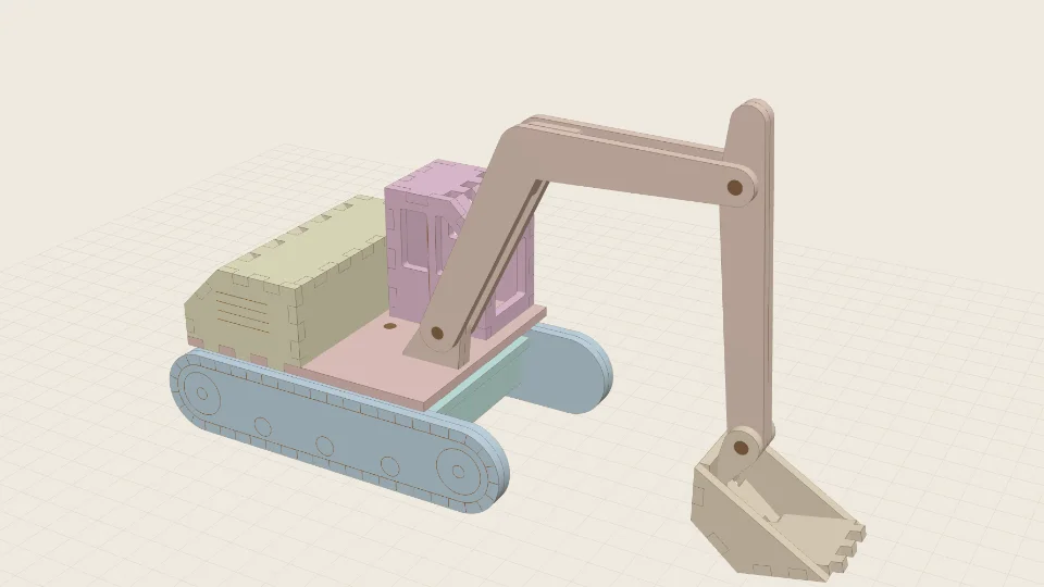 A laser-cut tracked excavator with its boom, stick and bucket raised