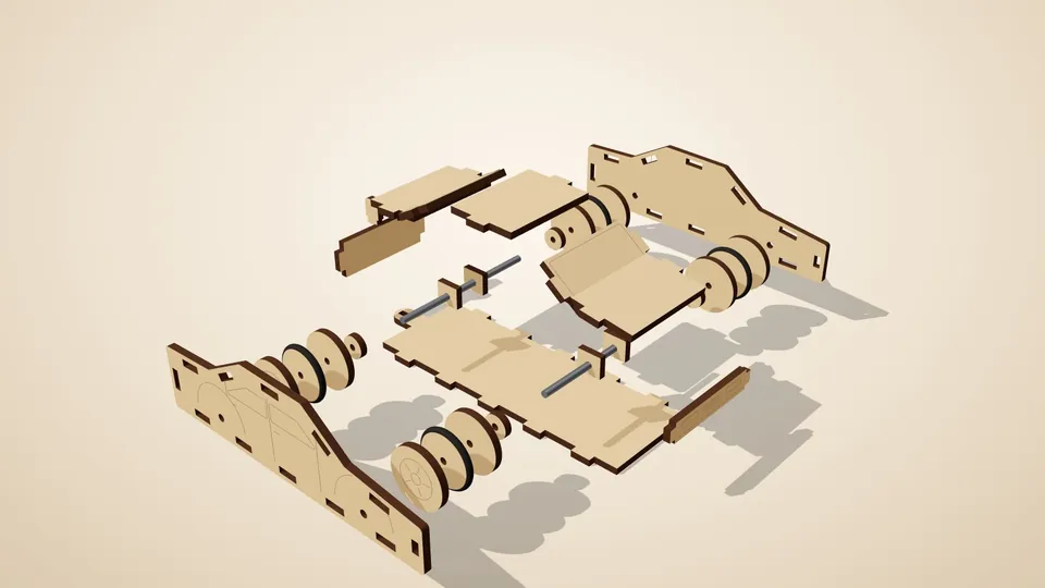 Exploded view of a toy car: side plates, tabbed floor and roof panels, wheels and axles