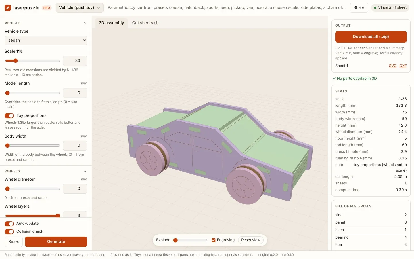 The app: vehicle parameters on the left, a 3D preview of a toy sedan in the middle, downloads on the right