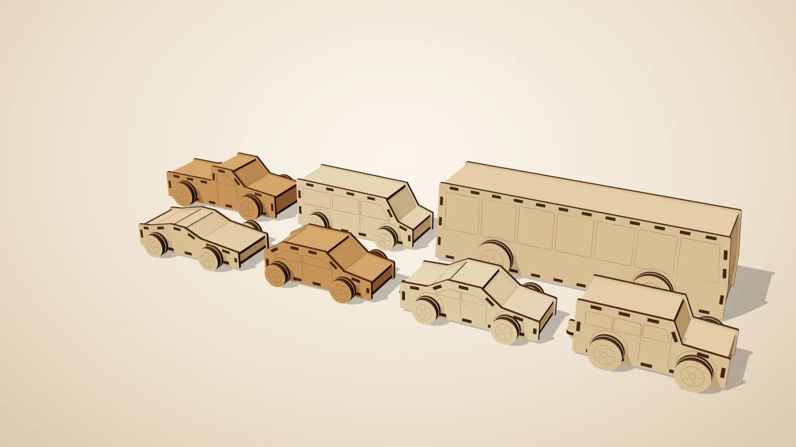 A line-up of laser-cut plywood toy vehicles: pickup, van, sedans, a bus and a jeep