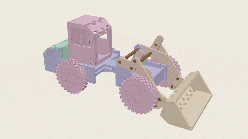 A laser-cut wheel loader with laminated wheels and a raised bucket